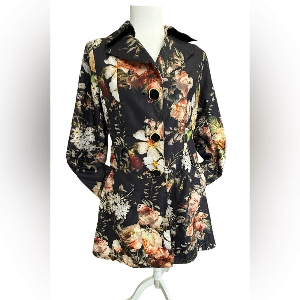 Dennis Basso Floral Print Coat XS Black Romantic Rose Jacket Statement Designer - Picture 2 of 8